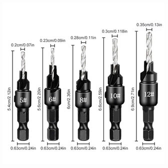 Verzinkboor set - 5 delig - &Oslash; 5 t/m 12 mm - HSS - Zwart oxide afwerking - voor Hout en Kunststof 