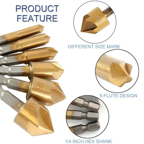 Verzinkboren Set 6 t/m 19mm - 6-delig - geschikt voor hout - 90 graden verzinkboor - Hoge oppervlaktehardheid