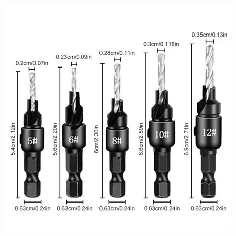 Verzinkboor set - 5 delig - Ø 5 t/m 12 mm - HSS - Zwart oxide afwerking - voor Hout en Kunststof 