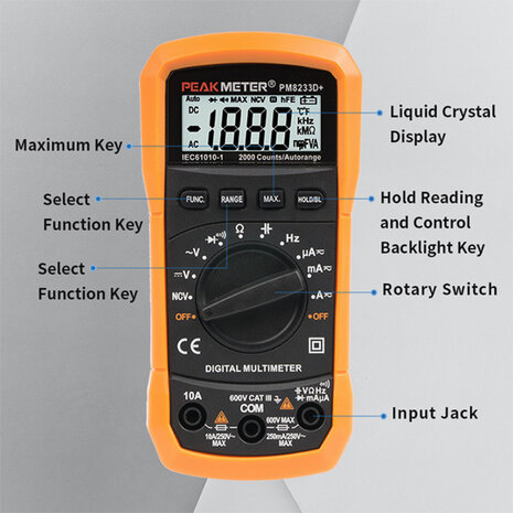 Elektrische draagbare automatische digitale multimeter met hoge precisie, multifunctioneel PEAKMETER PM8233D+