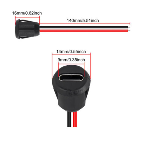 USB-C chassis deel Rond inbouw met kabel 10cm