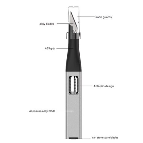 Scalpel Penvormig Doe-het-zelf Snijmes – Ergonomisch Aluminium Handvat, 5 Vervangbare Mesjes (Grijs)